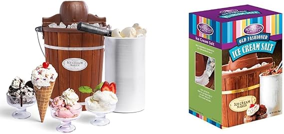 Nostalgia Electric Ice Cream Maker - Old Fashioned Soft Serve Ice Cream Machine Makes Frozen Yogurt or Gelato in Minutes - Fun Kitchen Appliance - Vintage Wooden Style - Dark Wood - 6 Quart and Nostalgia ice Cream Rock Salt, 4lb, Tub