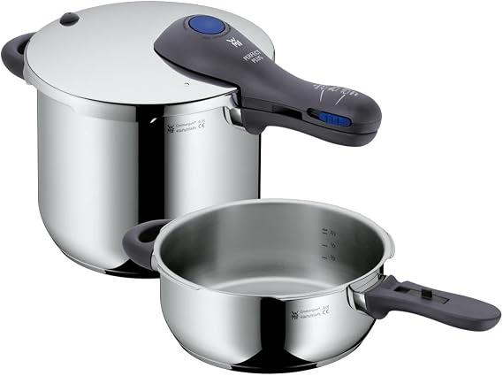 WMF Perfect Plus 3 Parça Düdüklü Tencere Seti, İndüksiyon Uyumlu, 6,5 L ve 3 L Düdüklü Tencere, Buharlı Pişirme Aparatı, Cromargan® Yüksek Kaliteli Parlak Paslanmaz Çelik, 2 Pişirme Kademesi