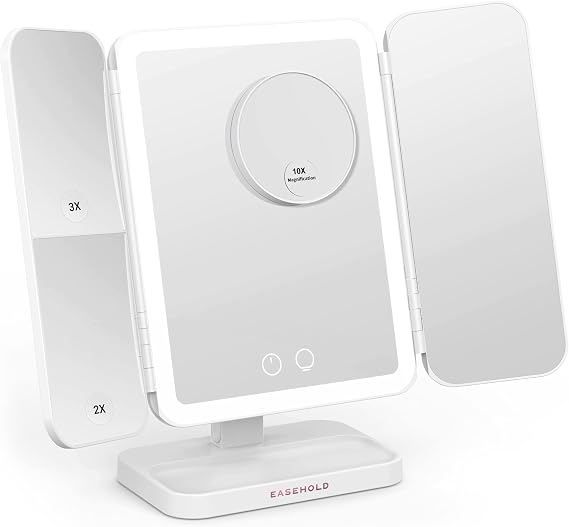 EASEHOLD Rechargeable Makeup Mirror with Lights, 64 LEDs Lighted 3500 mAh Battery Powered 1X/2X/3X/10X Magnifying 3-Color Lighting Stepless Dimming Smart Touch Control Tabletop Vanity Mirror