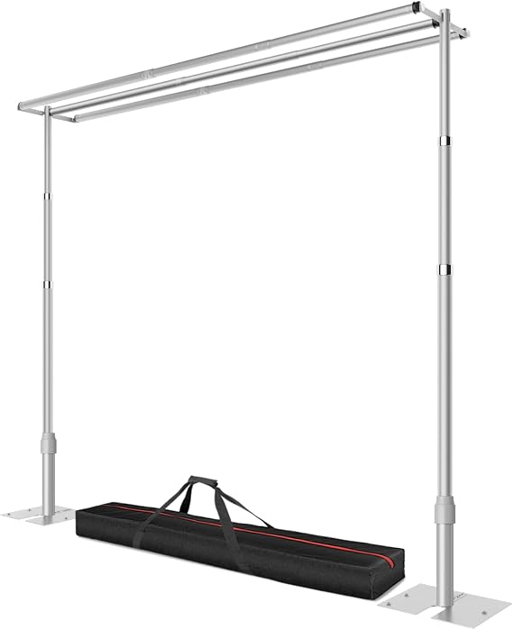12x10ft Three Crossbar Heavy Duty Backdrop Stand with Matel Base | Height & Width Adjustable, Snap-on Locking Design, Max Load 30 lbs, Pipe and Drape Stand for Party Photo Decoration - Sliver
