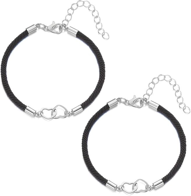 SEEDRILL Couples Bracelets for Women Men, Lucky Matching Bracelets with Twin Heart for Boyfriend Girlfriend, Friendship Bracelets Gifts for Best Friend, Rope Cord String Bracelet Gold-Tone Silvery