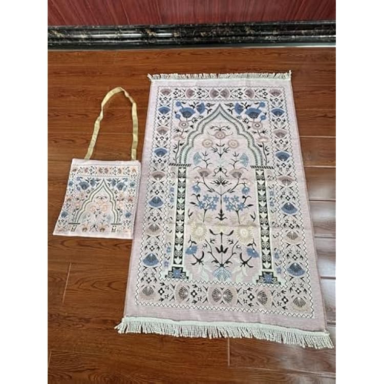 Muslim Travel Prayer Rug Sajadah Elegant Design Islamic Travel hajj or Ramadan Gifts, Prayer Portable Cushion Bag Set Green Pink