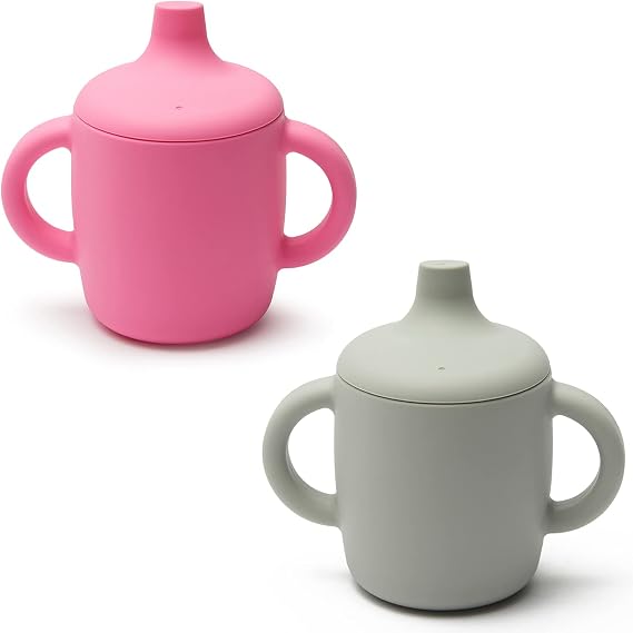 8 Oz Silicone No Spill Sippy Cups For Toddlers and Babies | Dishwasher and Microwave Safe | 2 Pack (Pink/Gray)