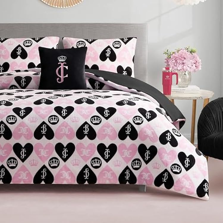 Juicy Couture Plush Reversible Queen Heart Logo 4-Piece King Comforter Set with Decorative Pillow, Pink