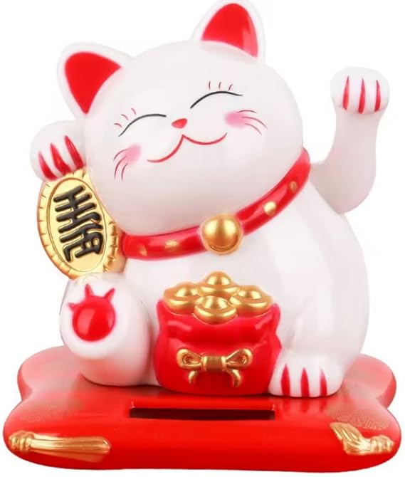 Lucky Cat Waving Moving Arm Solar Power Chinese Oriental Maneki Neko Feng Shui Money Decoration Dancing Cats Chinese Gift, for Welcoming Fortune Luck Wealth, Car decor (White)