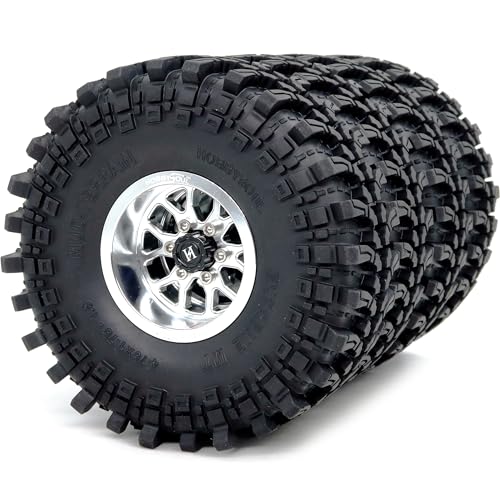 HOBBYSOUL 4pcs 1.9 Beadlock Wheels and Tires 121mm Tall,10.5mm Negative Offset 1.9 Rims and tyre for 110 RC Crawler SCX10 TRX4 Gen8 Upgrades
