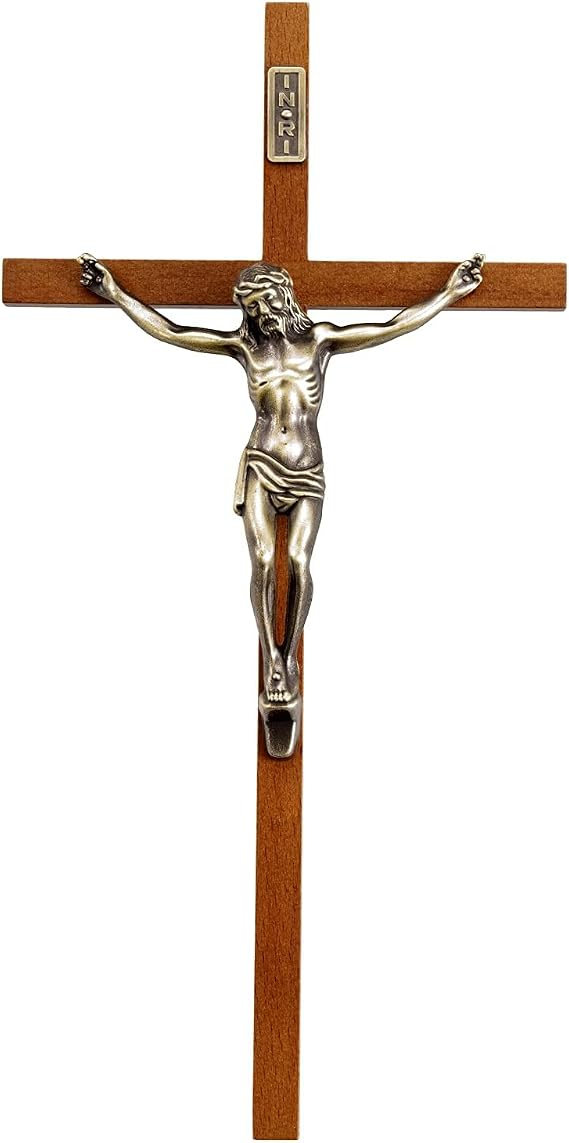 ACHIBANG 10" Catholic Crucifix Wall Cross, Wooden Jesus Cross with INRI, Simple Antique Wall Crucifix for Home Chapel, Religious Christian Easter Baptism Gift