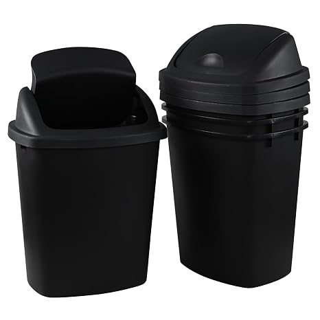 Teyyvn 6 Gallon Plastic Flip Lid Trash Can, Black Garbage Bin, Pack of 4
