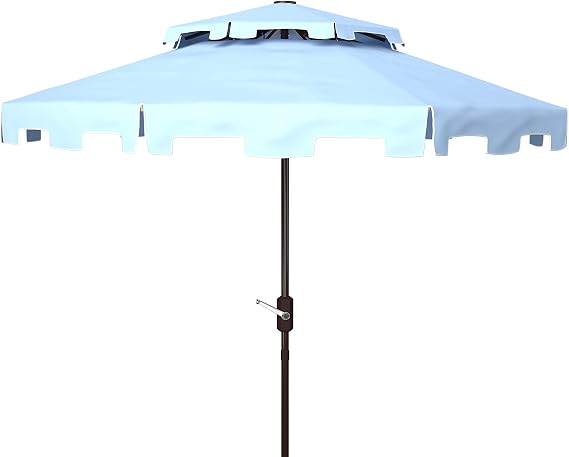 SAFAVIEH Outdoor - Zimmerman 9-Foot Double-Top Patio Umbrella - Baby Blue & White Canopy - Brown Aluminum Pole - Crank and Tilt Vented Design - Ideal for Patio, Deck, Poolside, Backyard (PAT8200D)