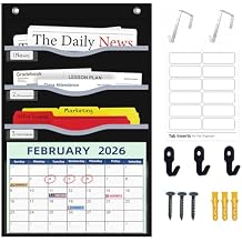ALSLEA 4 Pockets Hanging Wall File Organizer 15" Extra Wide Pocket Chart for Classroom, Office, Home, Mail Organizer Wall Mounted with 1 Writable Clear Pocket, 5 Wall/ Door Hooks & 12 Labels (Black)