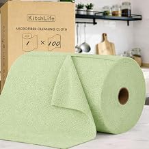 KitchLife Microfiber Cleaning Cloth Roll, 100 Pack - Tear-Away Microfiber Paper Towels, Lint-Free, Reusable, Washable for Kitchen, Car, Dishes, and Sensitive Surfaces (Bean Green)
