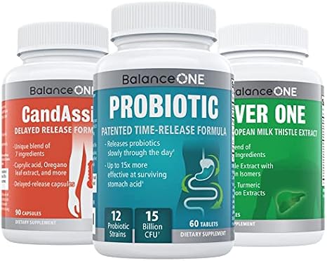 Balance ONE 3 Month Kit | Probiotic + CandAssist + Liver One | Daily Digestive & Liver Support Bundle | Time-Release Probiotic, Delayed-Release Capsules & Milk Thistle Formula | 8 Bottles