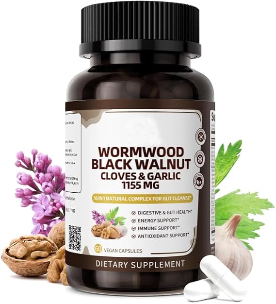 16-in-1 Black Walnut Wormwood Capsules, 30 Day Supply, 1155mg Serving, Rapid Gut Cleanse & Digestive Health with Clove Garlic Turmeric, Liposomal Delivery 98% Absorption, Vegan Gluten-Free