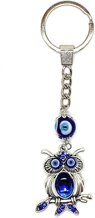 LUCKBOOSTIUM Owl and Evil Eye with Blue Crystals Hanging Keychain Ring | Sign of Good Luck & Protection for Home, Keys, Purse & Bags Decorative Things & Accessories Car Rear View Mirror Ornaments