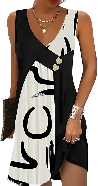 SAUKOLE Summer Dresses for Women Casual Sleeveless Asymmetric V Neck Buttons Sundress Loose with Pockets