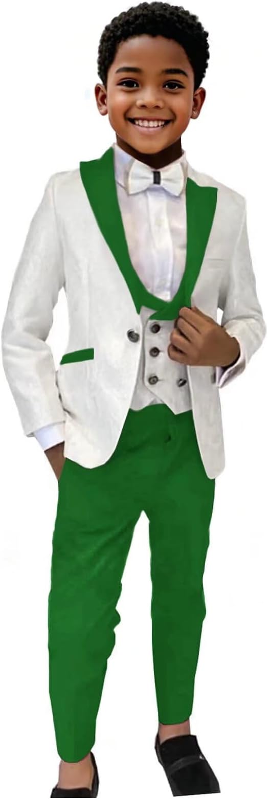 Boy's Suit 3 Piece White Jacquard Peak Lapel Formal Suit Double Breasted Boys Tuxedo for Wedding