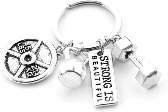Fitness Gym Keyring with Quotes Weight plate Dumbbell and Kettlebell Exercise Strong is Beautiful Charm Pendant Keychain Gifts for Daddy Husband Boyfriend