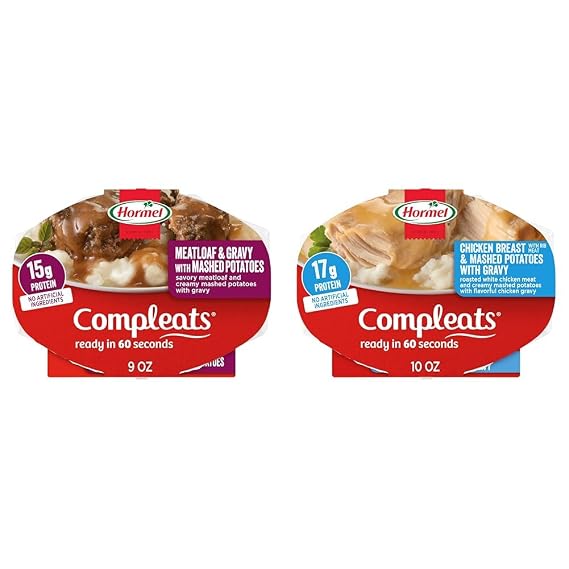 HORMEL COMPLEATS Meatloaf & Gravy With Mashed Potatoes, 9 oz. and HORMEL COMPLEATS Chicken Breast & Mashed Potatoes With Gravy Microwave Tray, 10 oz (6 Pack)