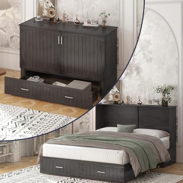 Murphy Bed, Stone Gray, Queen, Pattern 3, Built-in Charging Station, Folding Foam Mattress