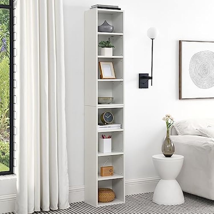 8-Tier Media Tower Rack, 11.6 X 9.3 X 71 Inches CD DVD Slim Storage Cabinet with Adjustable Shelves, Tall Narrow Bookcase Display Bookshelf for Home Office White