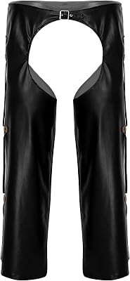 Hedmy Mens Faux Leather Cowboy Costumes Hollow Out Motorcycle Chaps Buckled Long Pants Trousers