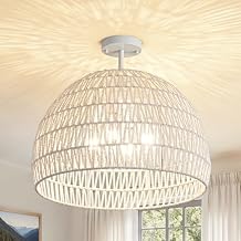 4-Light Rattan Ceiling Light, 20" Semi Flush Mount Boho Light Fixture with Hand-Woven Shade, Farmhouse Chandelier Wicker Fixture for Kitchen Bedroom Living Room Hallway