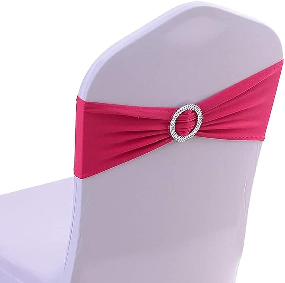 Litbu 10Pack Chair Sashes Elastic Spandex Chair Cover Bands with Sparkly Circle Buckle,Stretchy Chair Ribbons for Wedding /Party/ Anniversary /Banquet /Birthday/Hotel Chair Covers Decorations Fuchsia