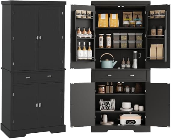 71.7 Inch Kitchen Pantry Cabinet,Freestanding High Cupboard Bathroom Storage Cabinet with 2 Drawer & Cabinets, 3 Adjustable Shelves, 6 Door Shelves,for Living Room, Kitchen Black