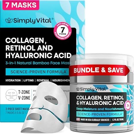 SimplyVital Collagen Cream & Collagen Face Mask Bundle Anti-Aging Moisturizer for Face, Neck & Decollete - Bamboo Sheet Mask for Hydration & Skin Care - Retinol, Collagen & Hyaluronic Acid