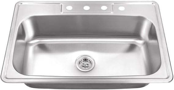 Kitchen Sink Stainless Steel Drop In Top Mount 33" x 22", 4 hole (33 inch Drop-In Topmount Single Bowl) Self Rimming