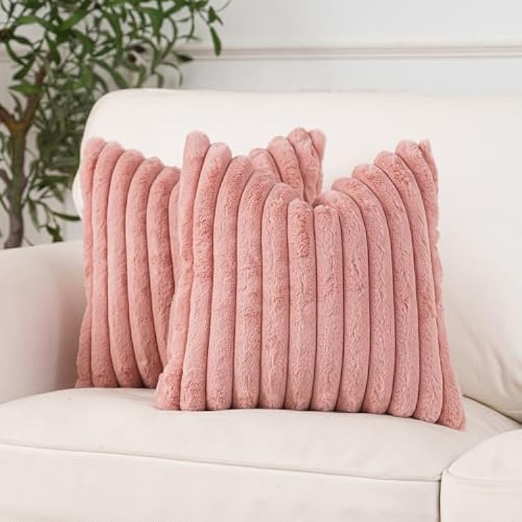NiNi ALL Faux Fur Plush Throw Pillow Covers Pink 16x16 Inch Set of 2 Decorative Soft Plush Striped Couch Pillow Cover for Sofa Cushion Cases for Couch Bed Home Decor