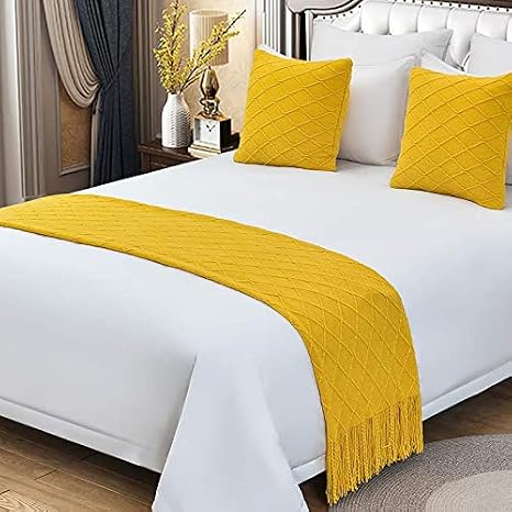 Tassel Solid Knitted Bed Runner Decorative Bed End Scarf Woven Sofa Throw Blanket 50" x 68", Bright Yellow