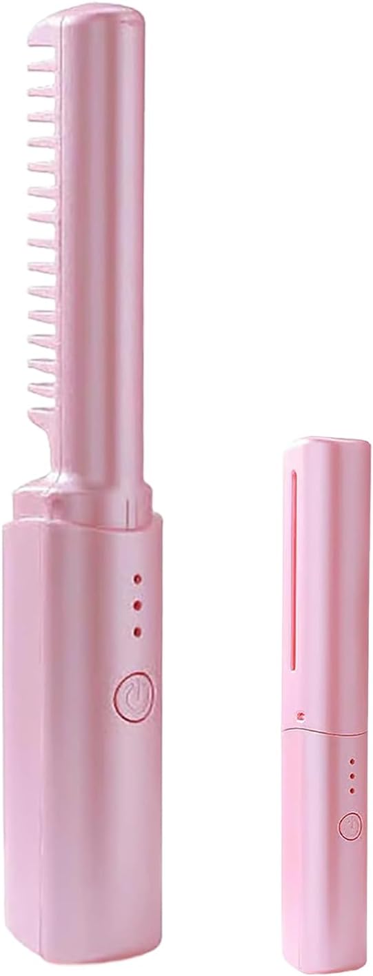 Ceramic Hairdressing Comb Smooth, 3 Levels Frizz-Free Hair Straightener Brush, USB Rechargeable Hair Straightening Brush, 2-in-1 Hairs Styling Tool, 130C, 160C, 180C Temperature Adjustment(Pink)