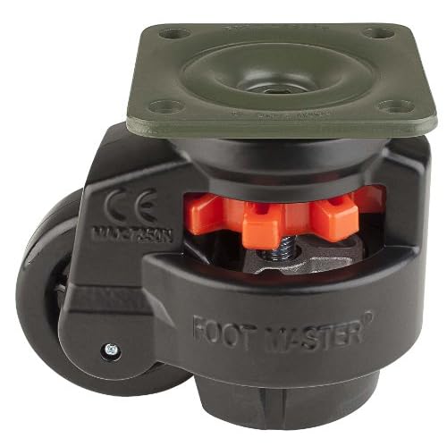 FOOT MASTER GD-100-F-NYN-FBL Leveling Caster, 75 mm Nylon 66 Wheel, Flat Black, Height Adjustable Foot Pad, Plate Mounted Swivel Caster, 800 kg Load Rating