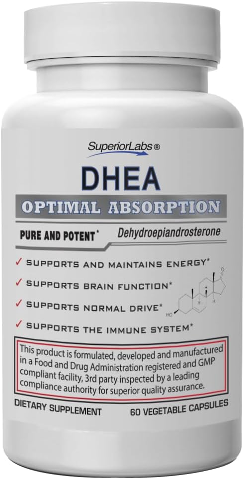 Superior Labs Extra Strength Natural DHEA Non-GMO 100 mg Dose, 60 Vegetable Capsules Promotes Healthy Aging in Men & Women Helps Restores Youthful Energy Levels