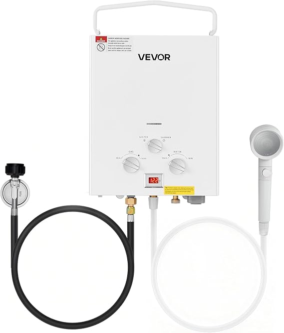 VEVOR Portable Propane Water Heater, 5L Tankless Outdoor Water Heater, 34000 BTU 1.32 GPM Instant Hot Water, with Accessory Set + Regulator for RV Camping Trips Cabins Barns