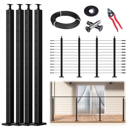 Muzata 15-20FT Modular Black Cable Railing Kit 42 Inch 4 Level Post Kit Complete Set Cable Railing System for Decks Length Adjustable Easy DIY with Paper User Guide No Handrail RWS1 BH4L