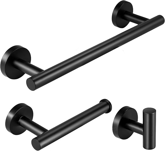 Towel Rail, Toilet Paper Holder & Hook Set, 3 Pcs Bathroom Hardware, Black