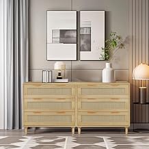 3 Drawer Dresser for Bedroom, Set of 2, 31.5" Wooden Dressers for Bedroom, Dresser for Closet, Rattan Storage Cabinet Drawer, for Living Room, Dining Room, Hallways, Oak