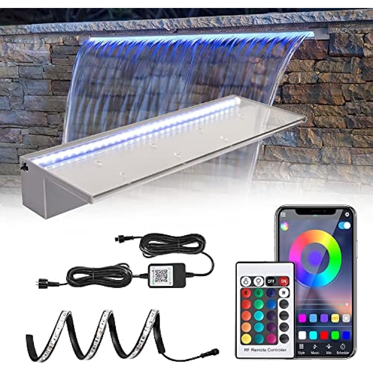 24 APP Control Waterfall Spillway with RGB LED Lights, Acrylic Pond Fountain Set for Outdoor Decorations, Patio Pool Kit on The Wall for Garden w16 Color Changing, Easy Installation