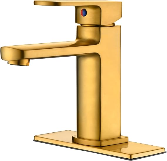 Single Handle Bathroom Sink Faucet,1 Hole or 3 Hole Lavatory Vanity Bathroom Faucet with Deck Plate, Pop up Drain and Water Supply Lines, Brushed Gold, GFL-0048-BG