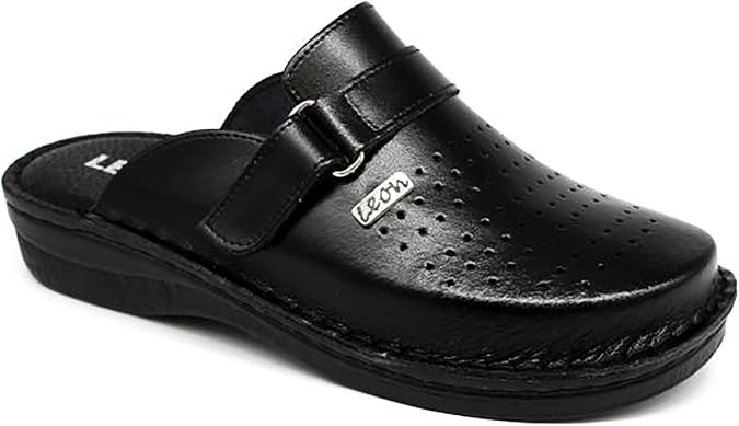 LEON V230 Leather Slip-on Mens Mule Clogs Slippers Shoes, Black, EU 45 (11.5M US Men)