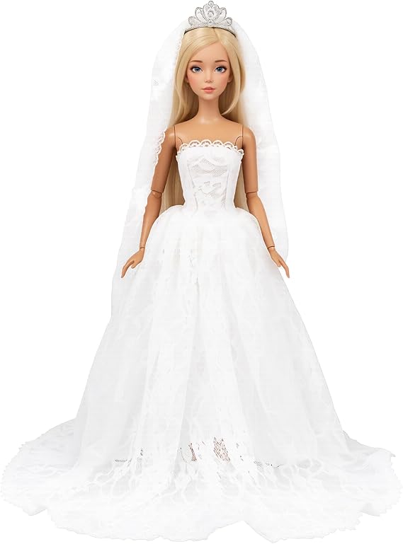 BARWA White Wedding Dress with Long Veil Evening Party Princess White Lace Gown Dress for 11.5 Inch Girl Doll | Evening Party Princess White