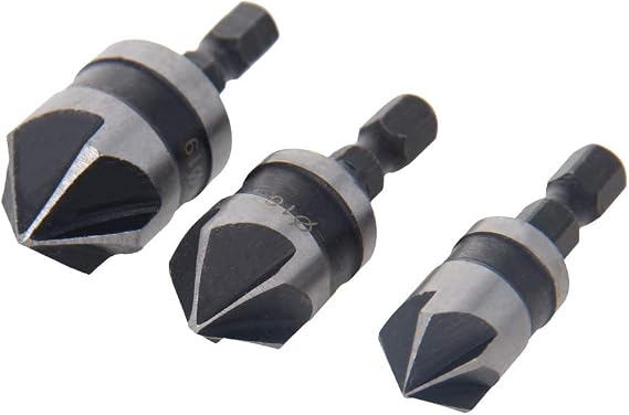 Utoolmart Countersink Drill Bit Set 12mm 16mm 19mm Dia 1/4 Hex Shank 90 Degree 5 Flute Chamfer Tool for Woodworking Carbon Steel 3pcs