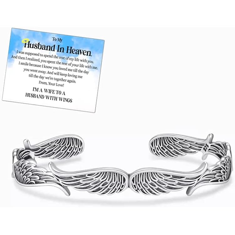 to My Husband in Heaven Vintage Angel Wings Bracelet, 925 Sterling Silver Layering Memorial Bracelet for Women, Adjustable Sympathy Remembrance Bangle, Memorial Gifts for Loss of Husband