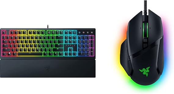 Razer Ornata V3 - Low-profile Mecha-membrane Keyboard Chroma RGB (Hybrid Mecha-Membrane Switch, Ergonomic Wrist Rest) UK Layout | Black & Basilisk V3 - Wired Customisable Gaming Mouse Black