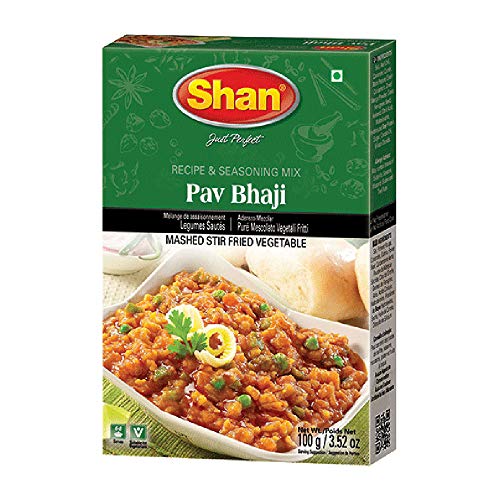 Shan Pav Bhaji Recipe and Seasoning Mix 3.25 oz 100g - Spice Powder for Mashed Stir Fried Vegetable - Suitable for Vegetarians - Airtight Bag in a Box