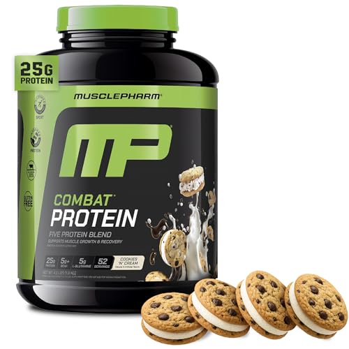 MusclePharm Combat Protein Powder, Cookies N Cream Flavor, Fuels Muscles for Productive Workouts, 5 Protein Sources including Whey Protein Isolate & Egg Albumin, Gluten Free, 4 lb, 52 Servings