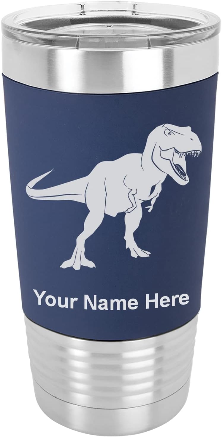 LaserGram 20oz Vacuum Insulated Tumbler Mug, Tyrannosaurus Rex Dinosaur, Personalized Engraving Included Silicone Grip, Navy Blue