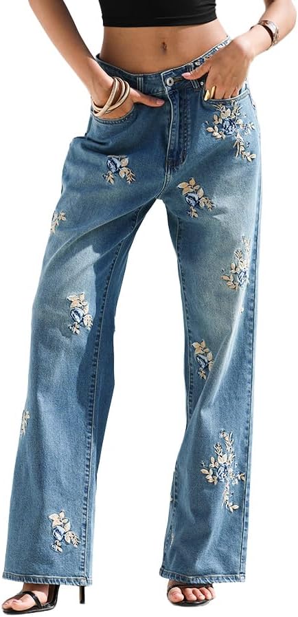 Women's Floral Embroidered Wide Leg Jeans High Waisted Boho Straight Leg Denim Pants